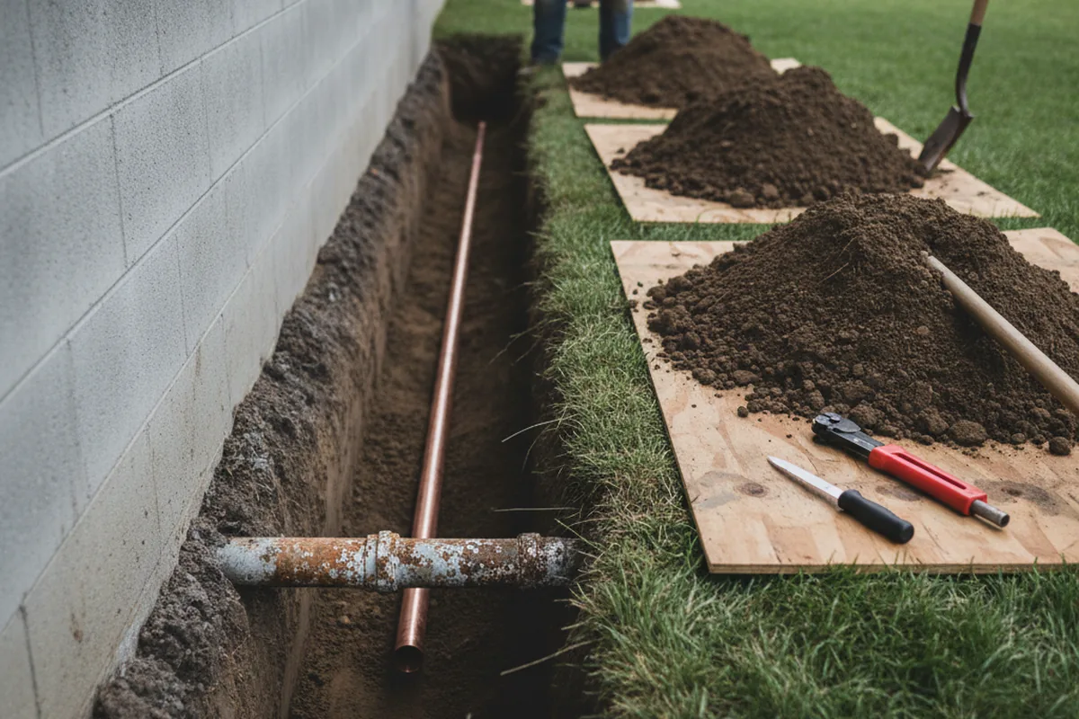 Excavated water line trench during Sewer Line Repair in Penn Valley